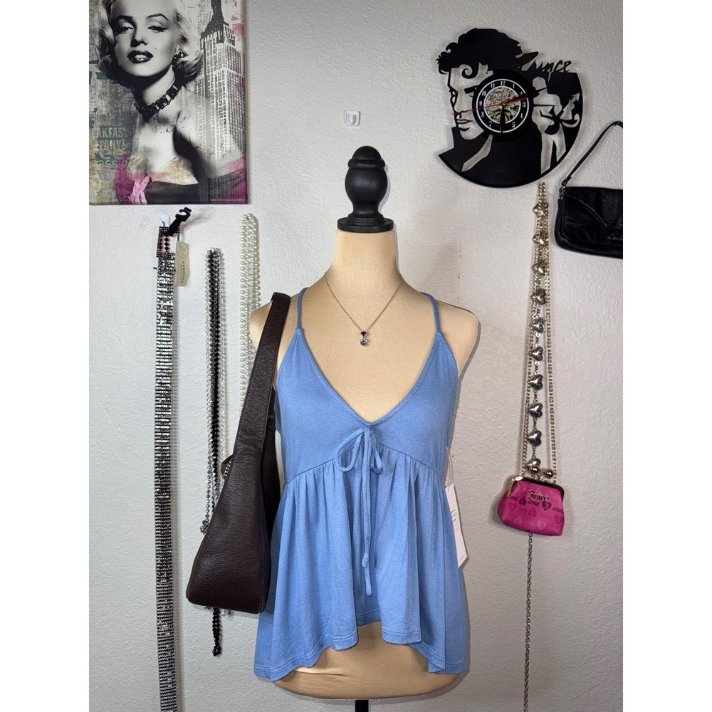 Double Zero Babydoll Cami Tank Top Blue V Neck Tie Front Racerback Womens S NWT